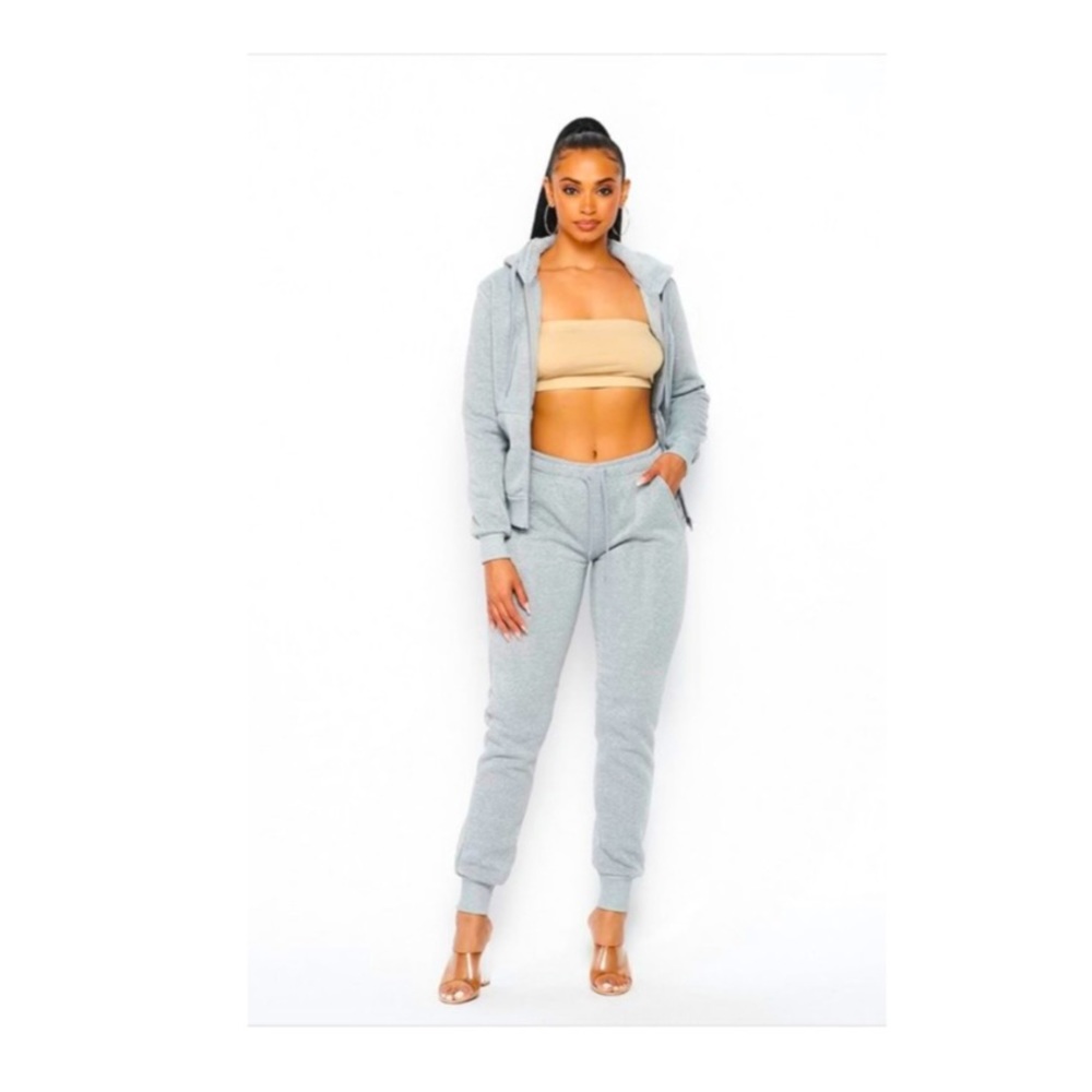 LIGHT GREY - PLUS SIZE 2 PIECE SHERPA LINED ZIPPER HOODIES AND JOGGER PANTS SET
